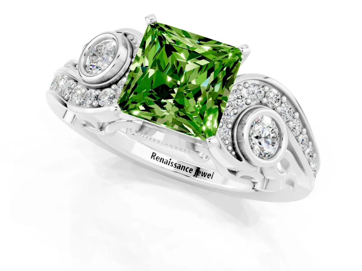 Princess Cut Peridot Solitaire Ring with Milgrain Pavé Band and Four-Prong Setting Silver