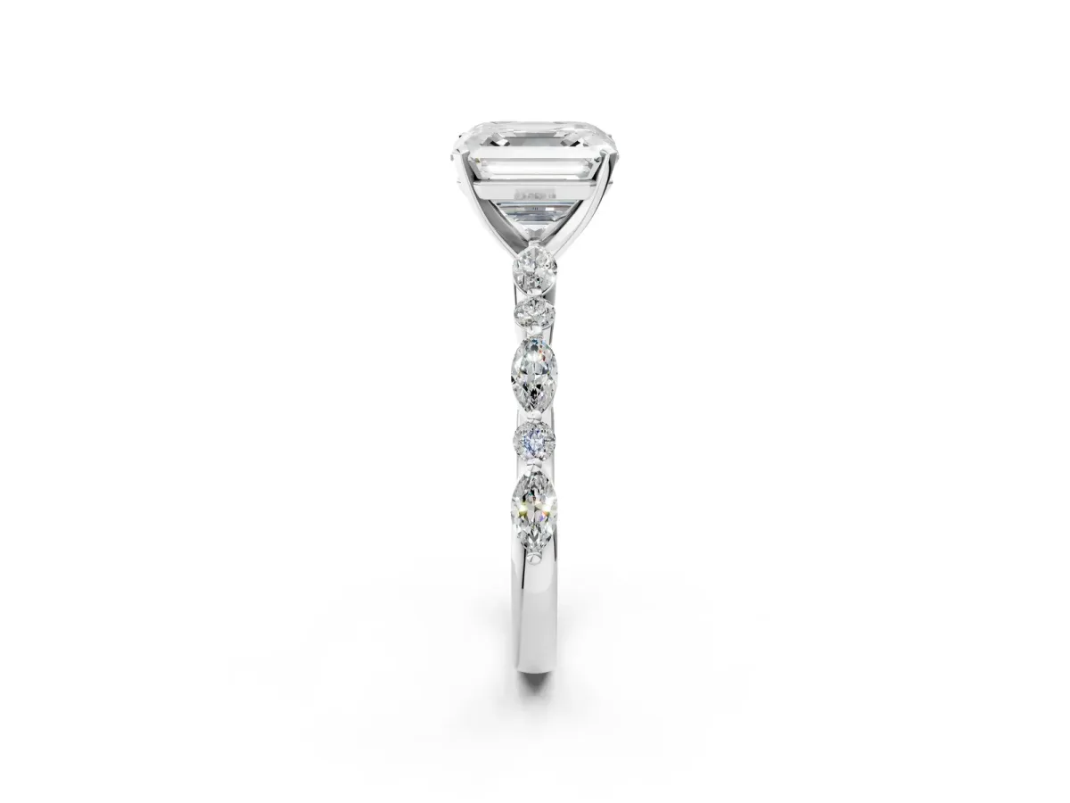 Asscher Cut Diamond Ring with Marquise and Round Side Stones and Four-Prong Setting Silver