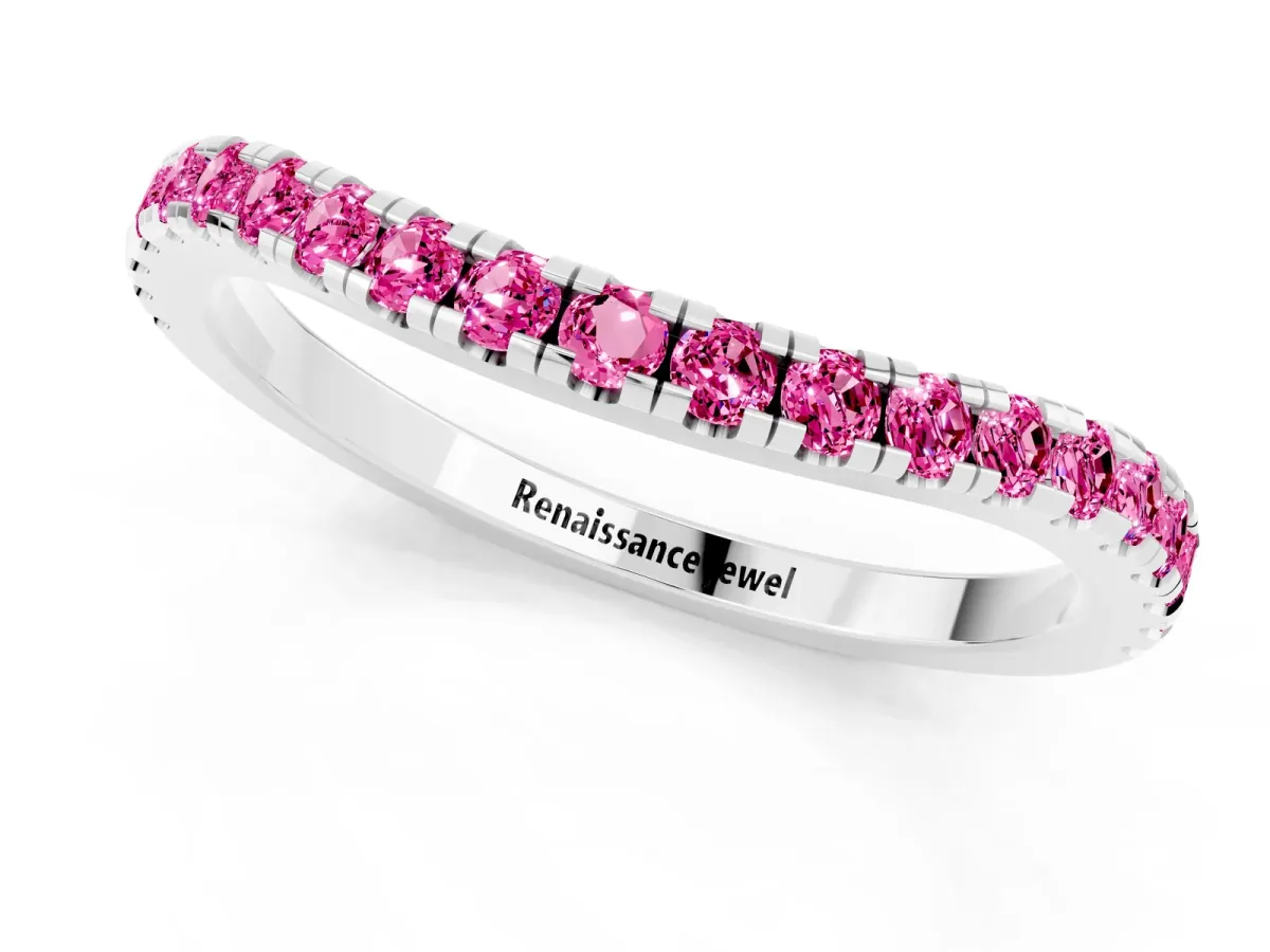 Round Pink Sapphire Pavé Half Eternity Band with Shared Prong Setting White gold