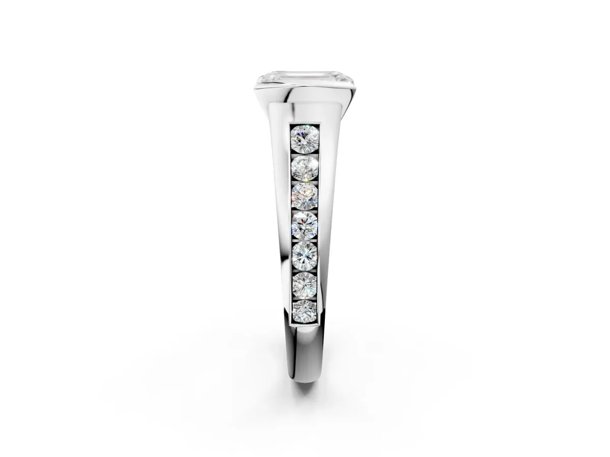 Emerald Cut Solitaire Bezel-Set Diamond Ring with Channel-Set Band Platinum