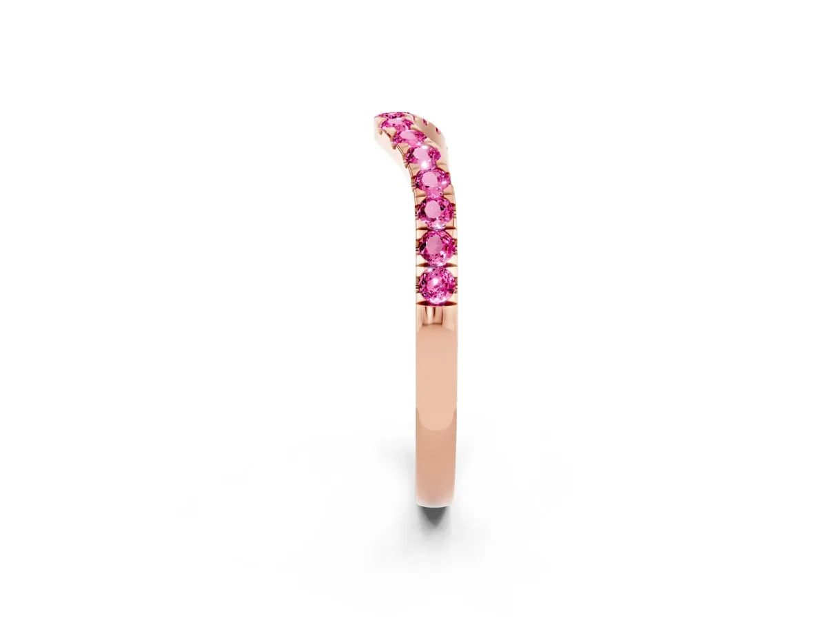 Curved Pavé Round Pink Sapphire Wedding Band with Shared Prong Setting Rose gold