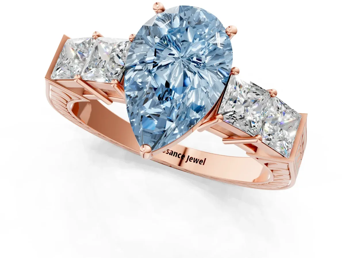 Fancy Blue Pear Cut Solitaire Princess Side Stone Engraved Band Prong Setting Ring Rose gold