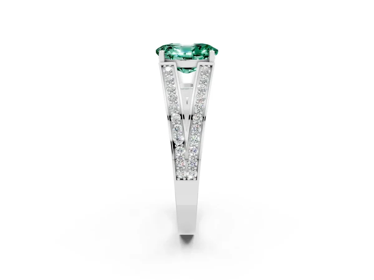 Oval Cut Green Sapphire Split Shank Ring with Pavé Band and Four-Prong Setting White gold