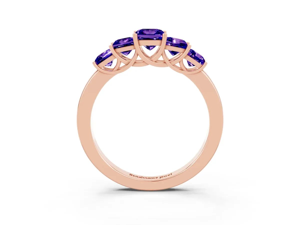 Princess Cut Five-Stone Tanzanite Ring with Classic Prong Setting Rose gold