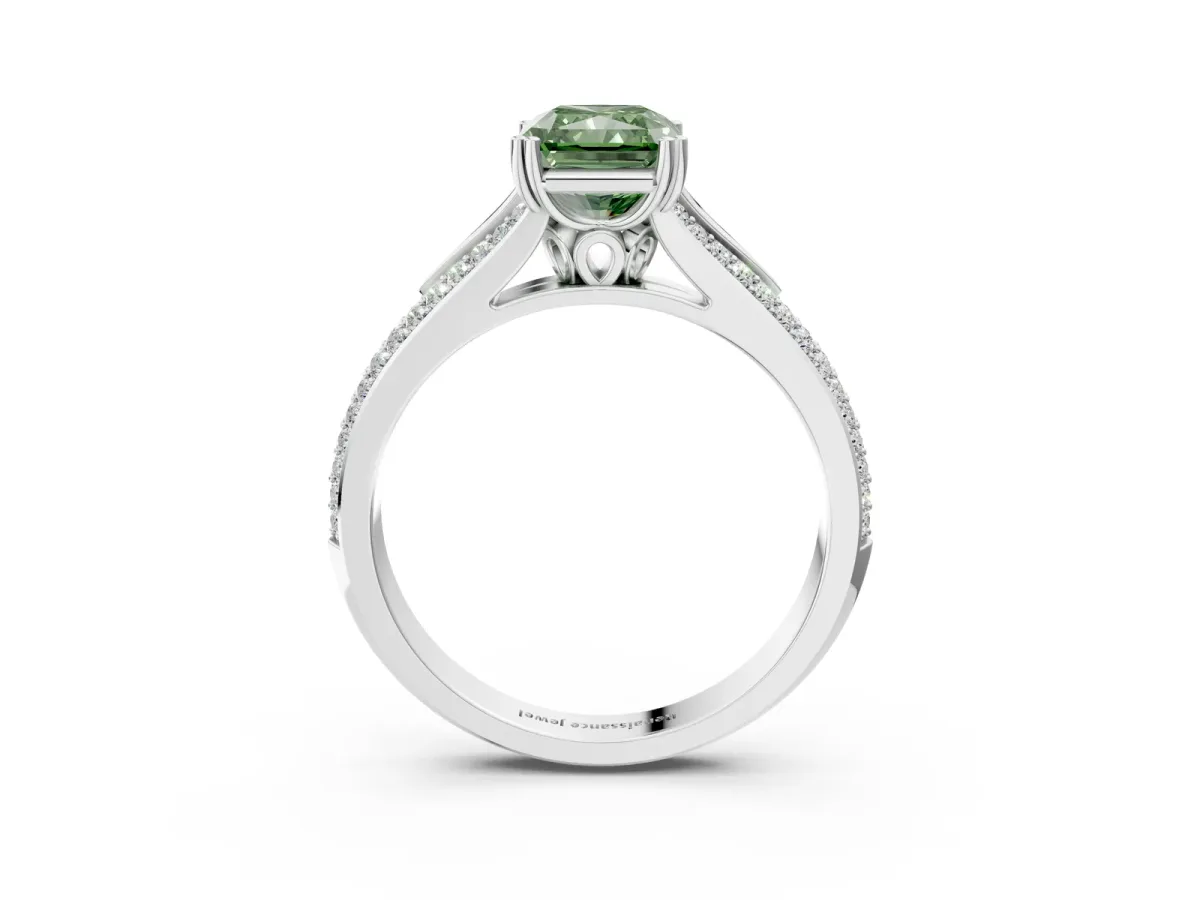 Fancy Green Radiant Cut Diamond Split Shank Engagement Ring with Pavé Band Platinum