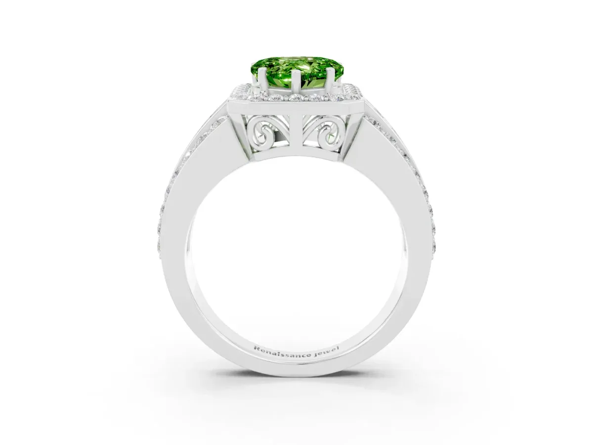 Heart Cut Halo Peridot Ring with Round Split Shank and Prong Setting Platinum