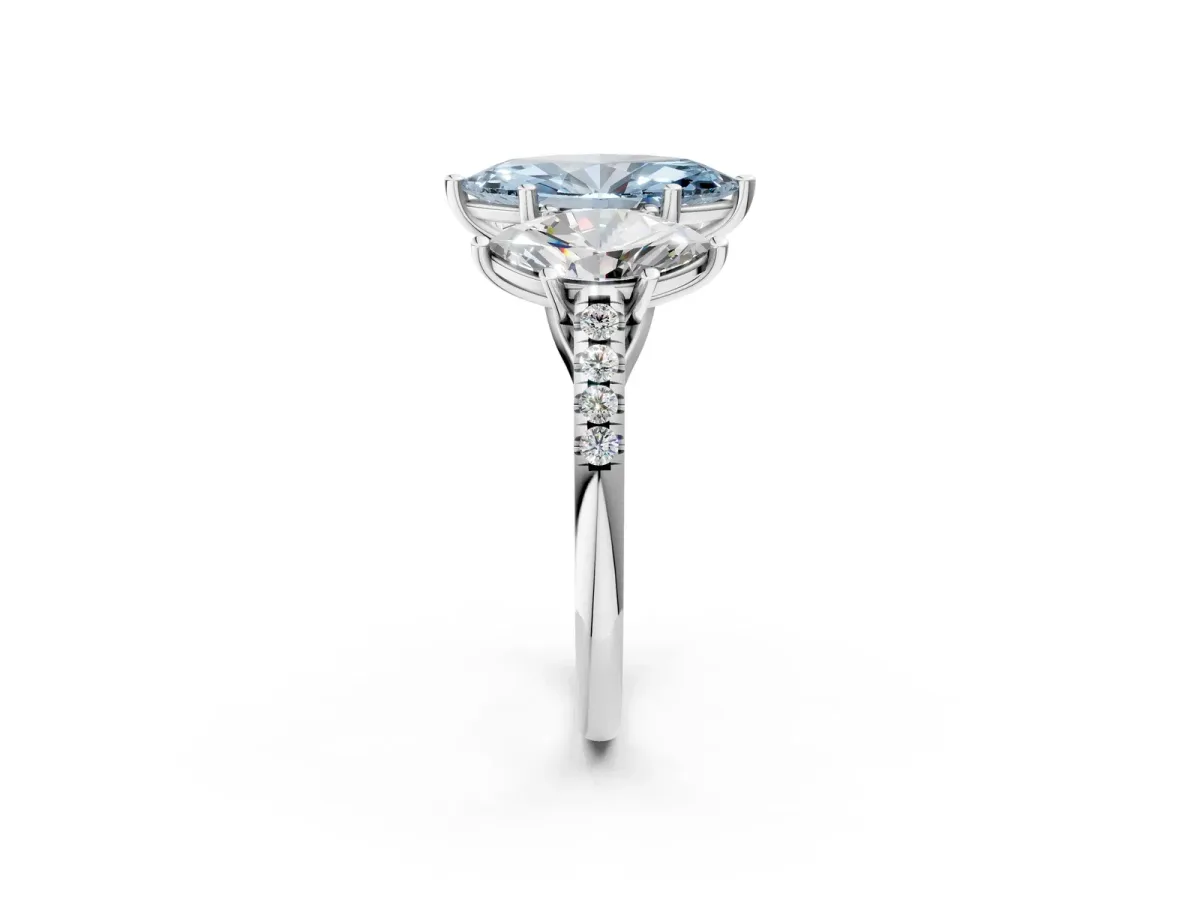 Fancy Blue Three-Stone Marquise Cut Diamond Ring with Round Pavé Band and Prong Setting Silver