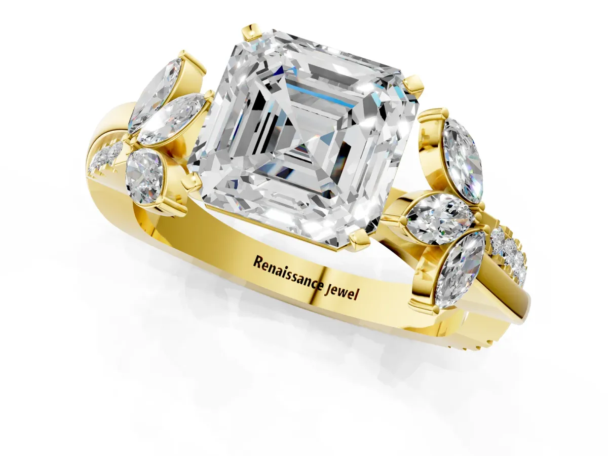 Asscher Cut Diamond Floral Vine Solitaire Engagement Ring Yellow gold