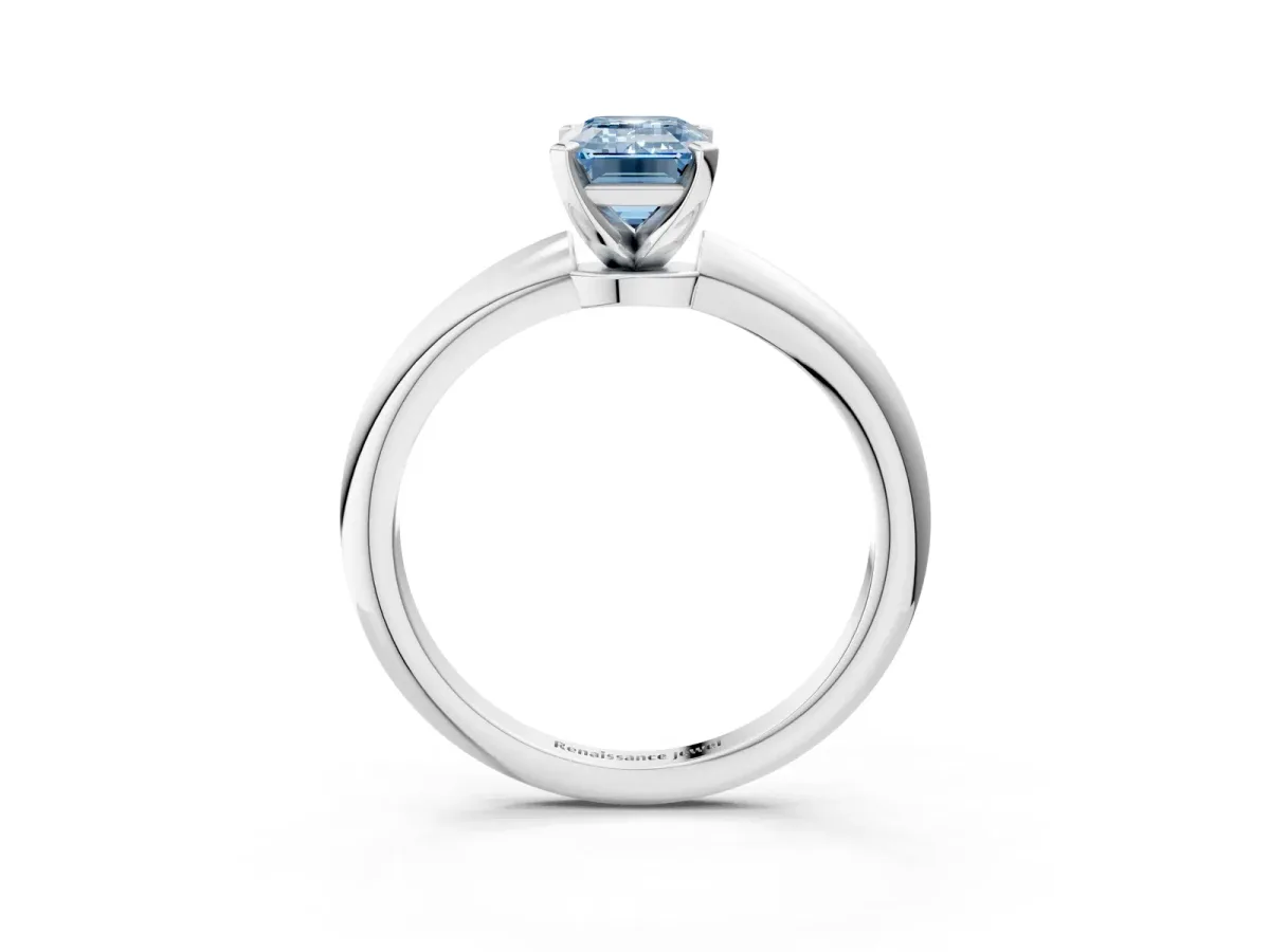 Fancy Blue Emerald Cut Diamond Solitaire Ring with Six-Prong Setting and Classic Band Platinum