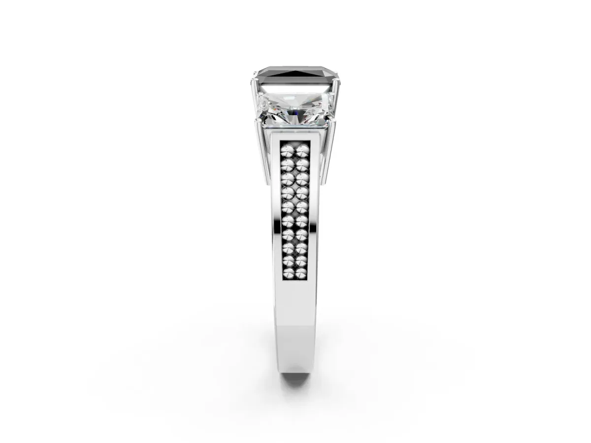 Fancy Black Radiant Cut Diamond Three-Stone Ring with Prong Setting and Textured Band Platinum