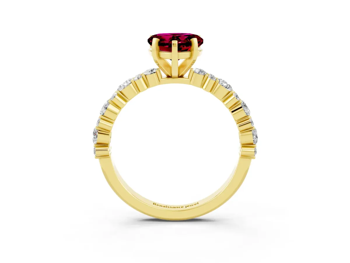 Heart Cut Garnet Side Stone Solitaire Ring with Round and Four-Prong Setting Yellow gold