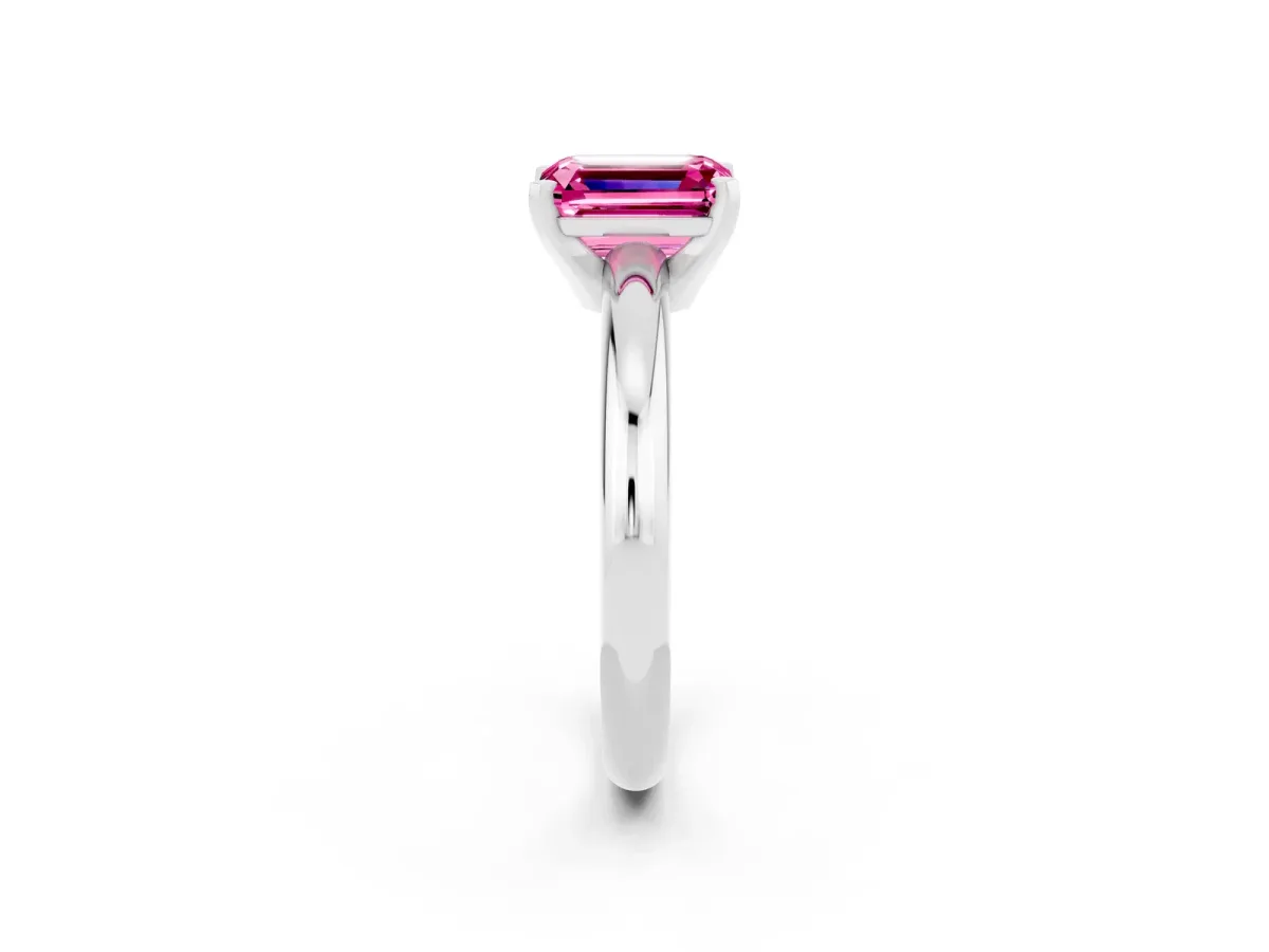 Emerald Cut Pink Sapphire Solitaire Engagement Ring with Round Band and Four-Prong Setting Silver