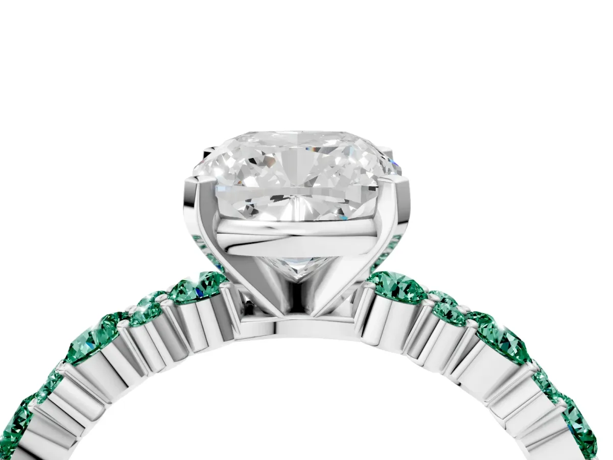 Cushion Cut Diamond Side Stone Solitaire Ring with Round Green Sapphire and Four-Prong Setting Silver