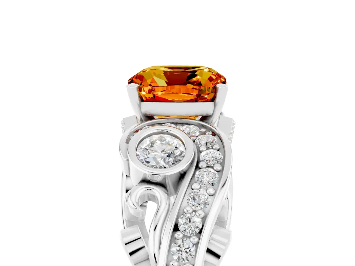 Cushion Cut Citrine Solitaire Ring with Milgrain Pavé Band and Four-Prong Setting Silver