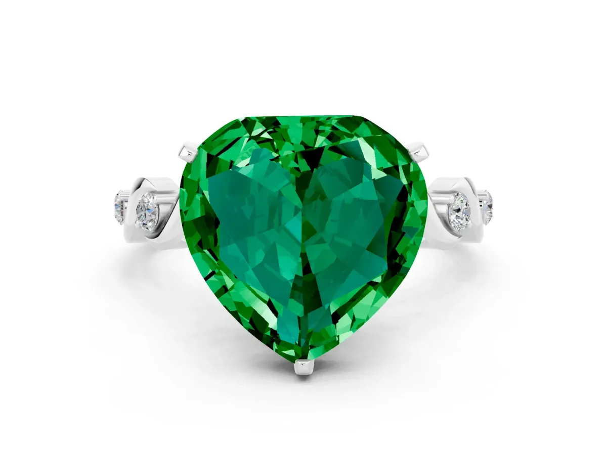 Heart Cut Emerald Solitaire Twisted Band with Round Accents and Prong Setting Silver