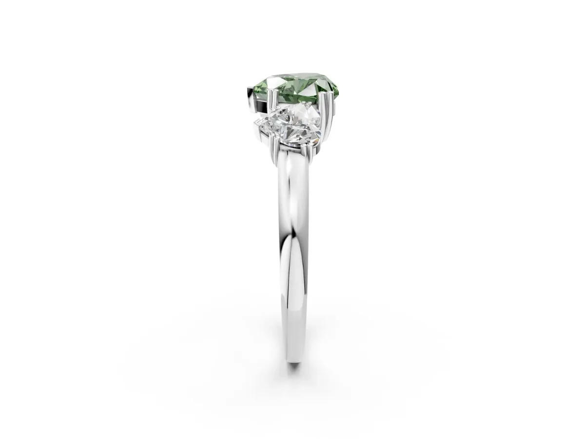 Fancy Green Three-Stone Heart Cut Cut Diamond Ring with Channel Set Band and Four-Prong Setting Silver