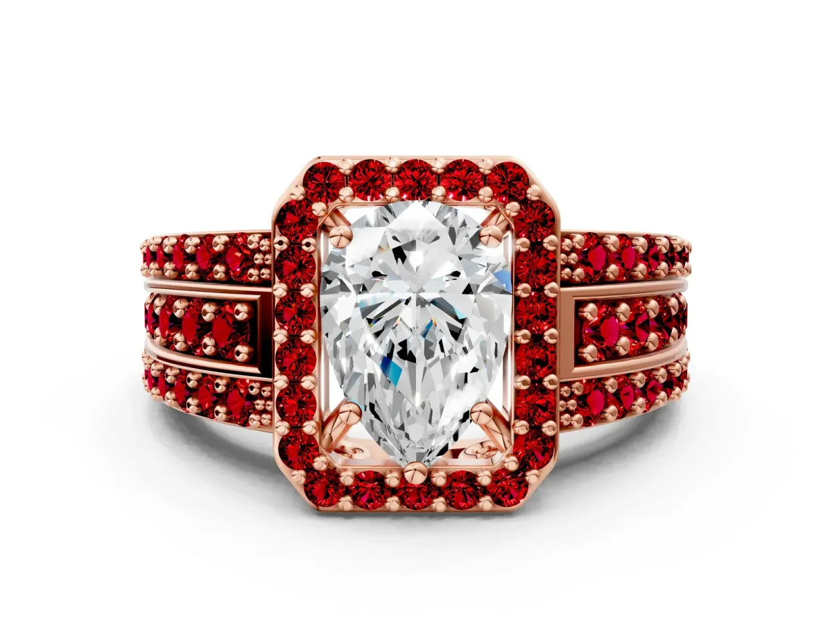 Pear Cut Halo Diamond Ring with Round Ruby Split Shank and Prong Setting Rose gold
