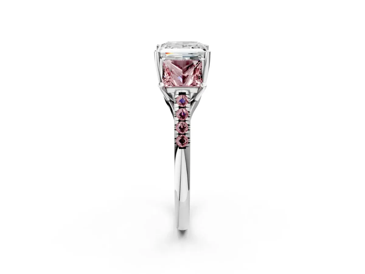 Three-Stone Princess Cut Diamond Ring with Round Morganite Pavé Band and Prong Setting Silver