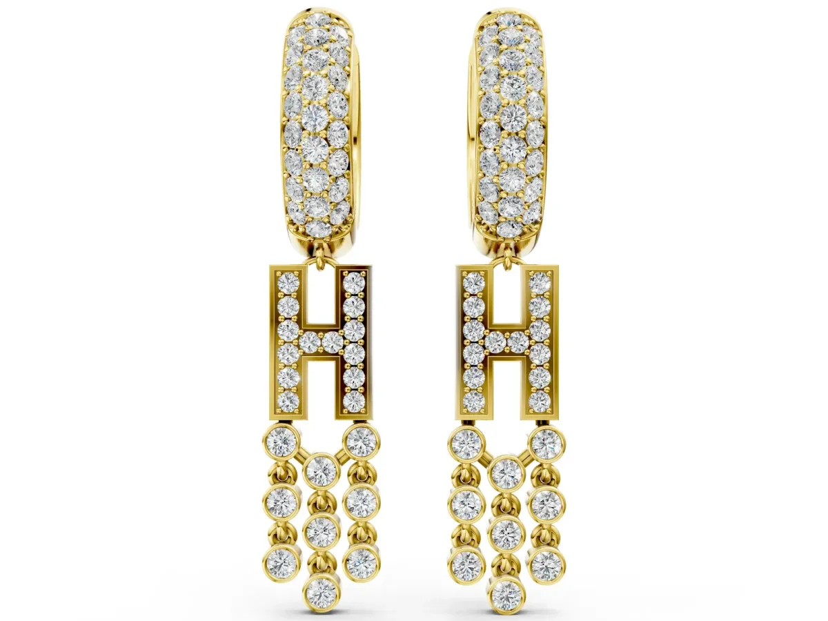 Round Diamond Initial H Huggie Hoop Earrings Yellow gold