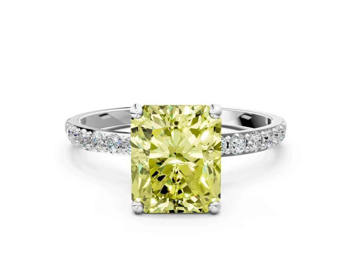 Fancy Yellow Radiant Cut Diamond Solitaire Ring with Round Pavé Band and Prong Setting Silver