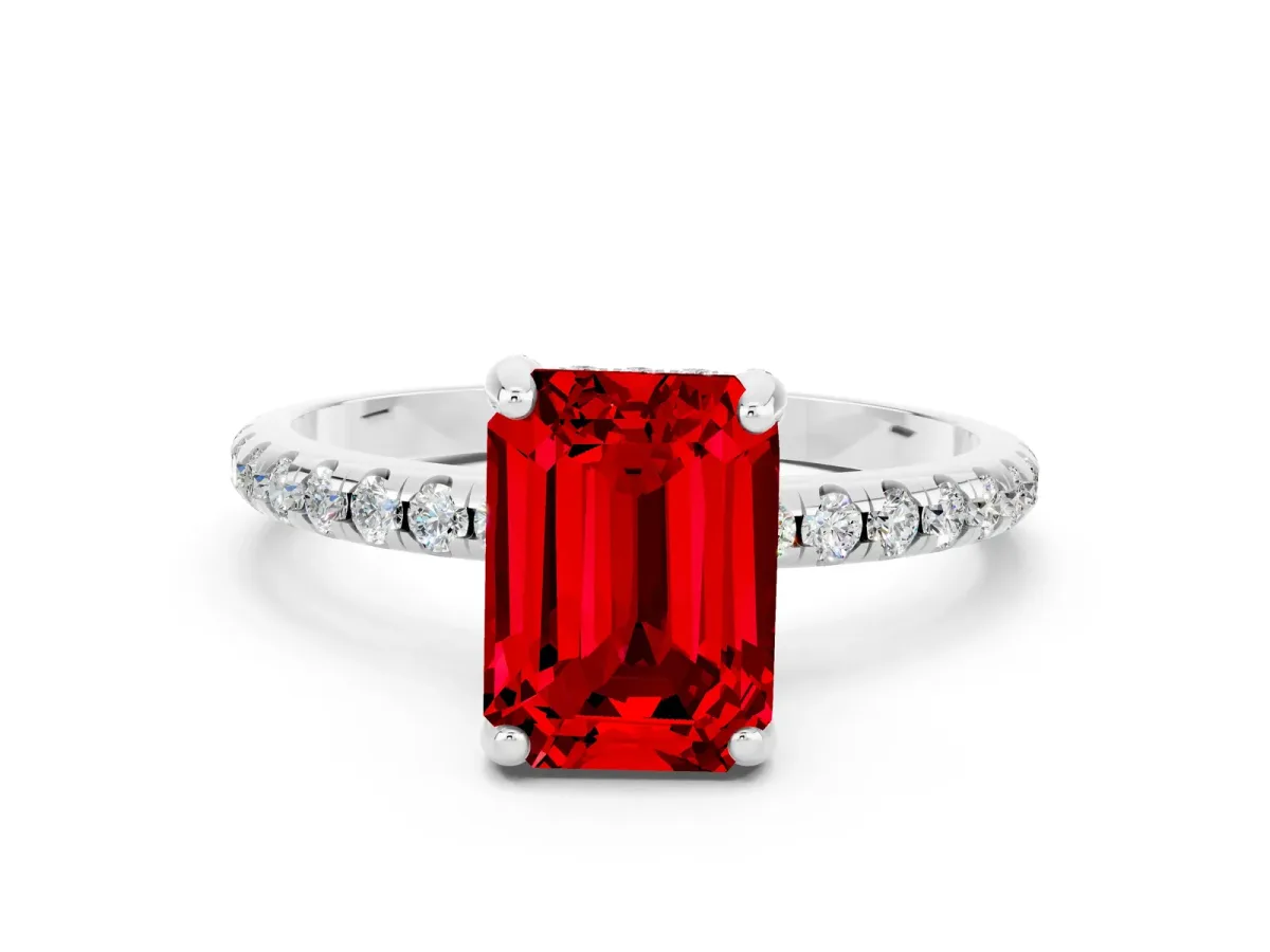 Emerald Cut Ruby Hidden Halo Engagement Ring with Round Pavé Band and Prong Setting Silver