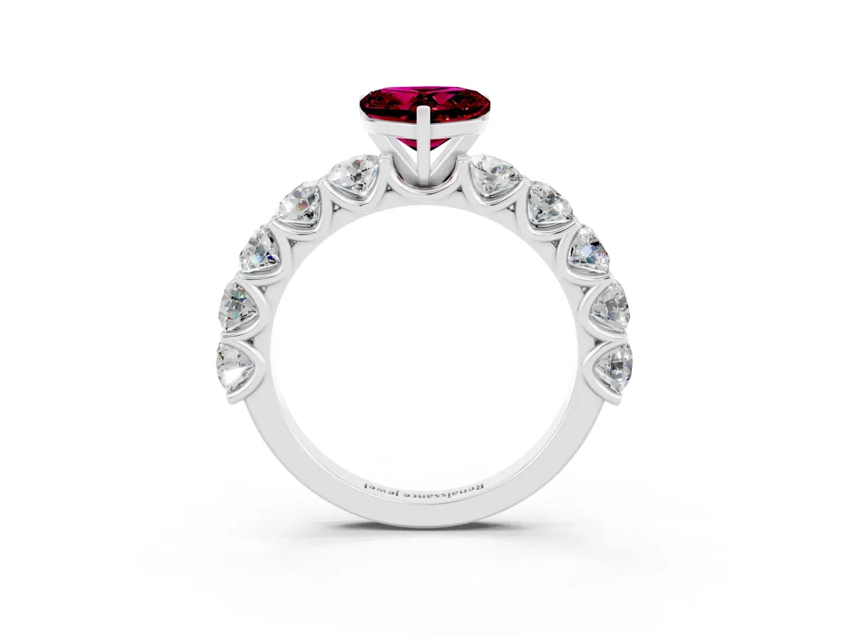 Heart Cut Garnet Prong Setting with Side Stones on a Pave Band Silver