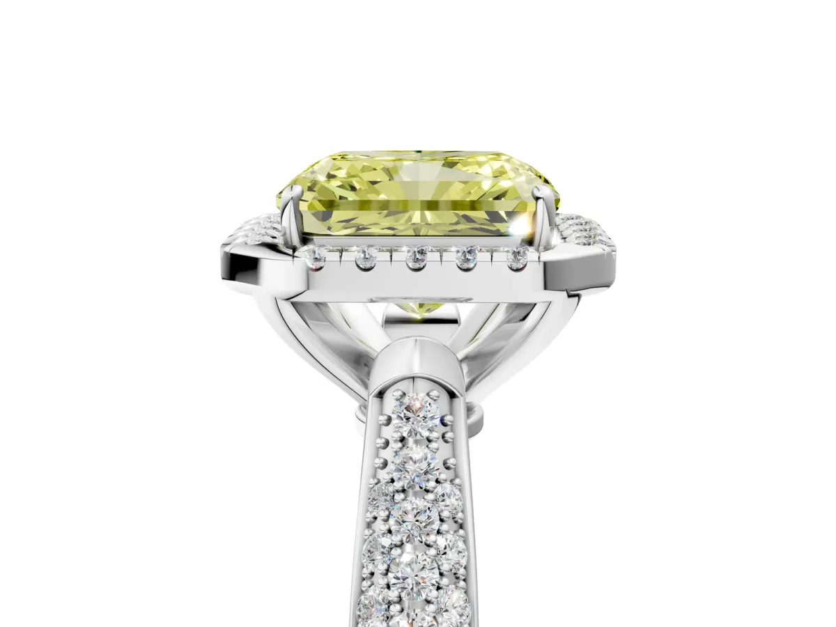 Fancy Yellow Radiant Cut Cut Halo Pave Band Four-Prong Setting Ring Platinum