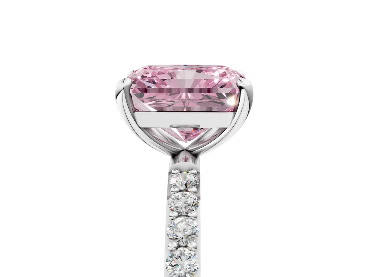 Fancy Pink Radiant Cut Diamond Solitaire Ring with Round Pavé Band and Prong Setting Silver