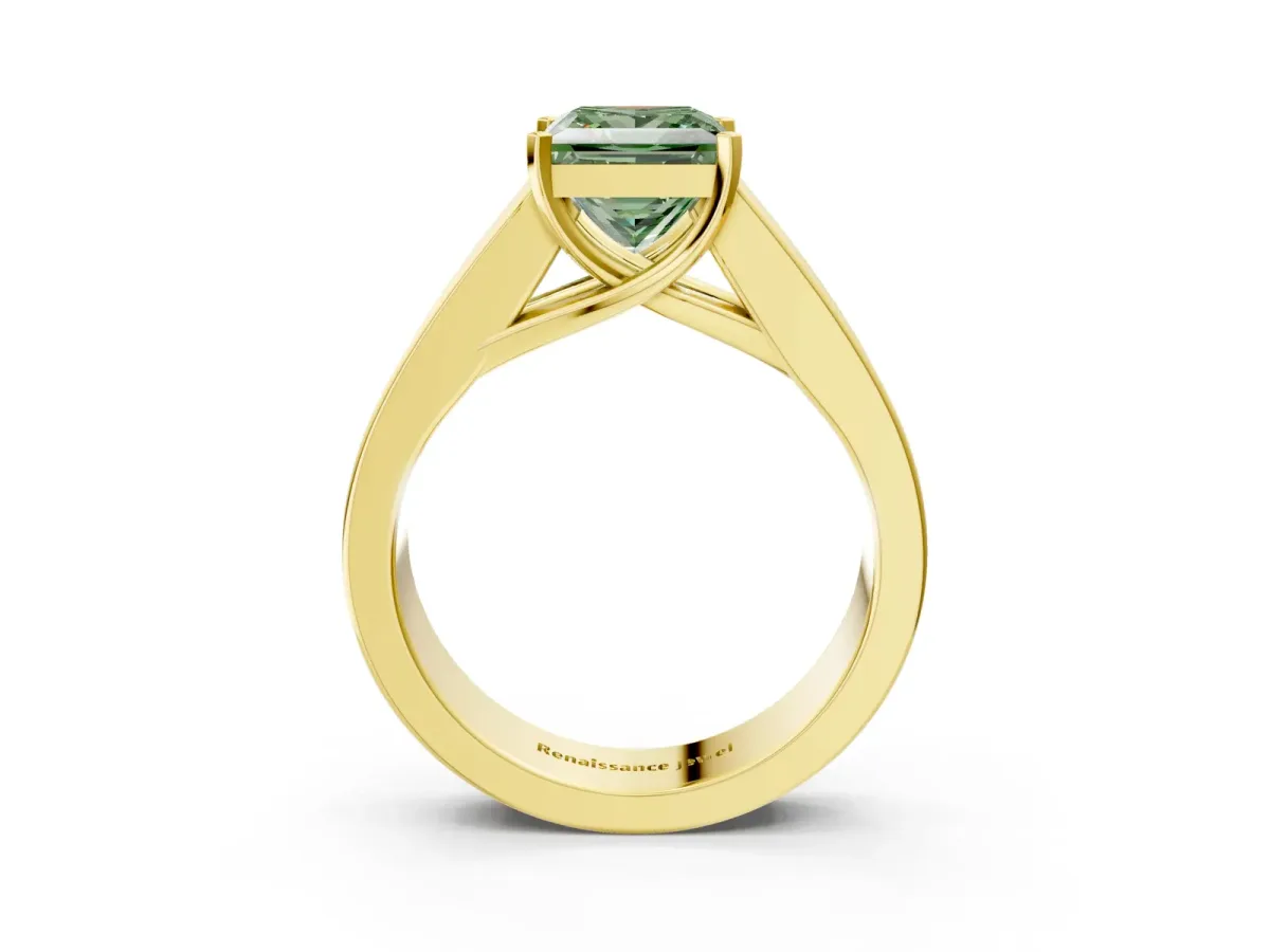 Fancy Green Princess Cut Cut Channel Set Solitaire Ring with Four-Prong Setting Yellow gold