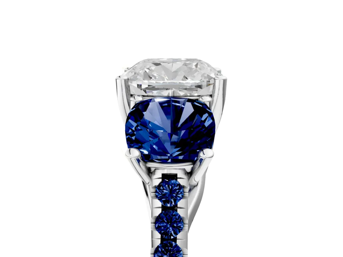 Three-Stone Cushion Cut Diamond Ring with Round Blue Sapphire Pavé Band and Prong Setting Silver