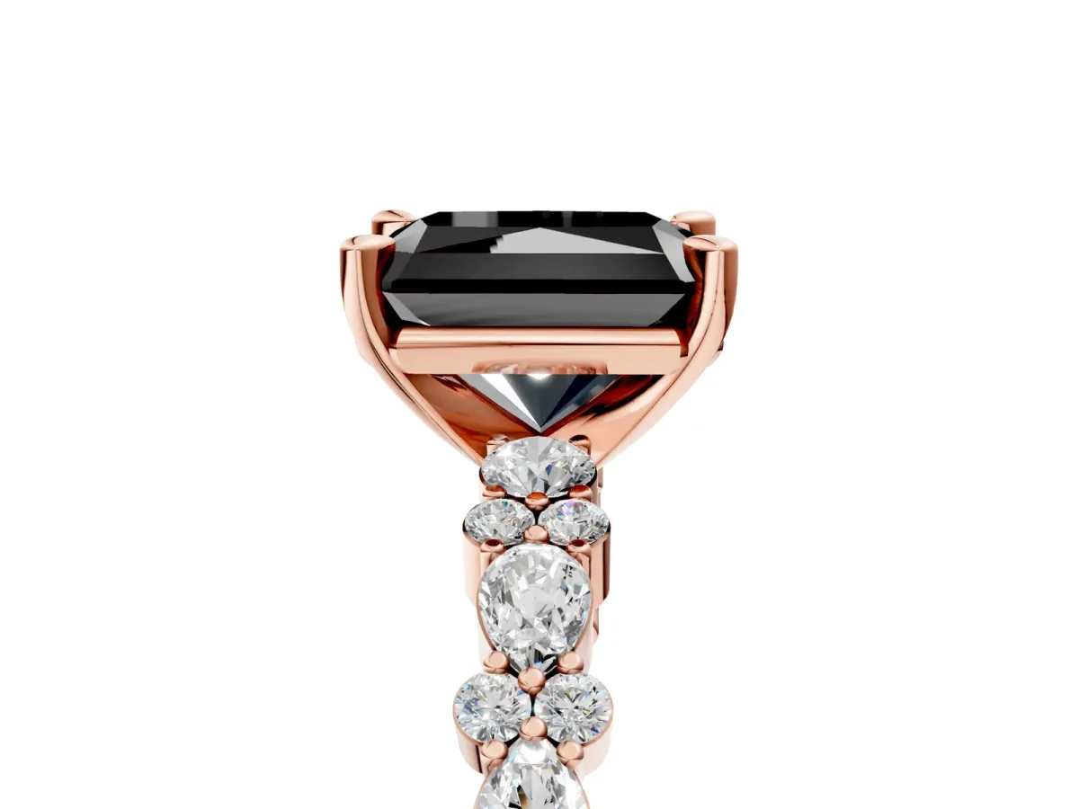Fancy Black Radiant Cut Diamond Side Stone Solitaire Ring with Round and Four-Prong Setting Rose gold