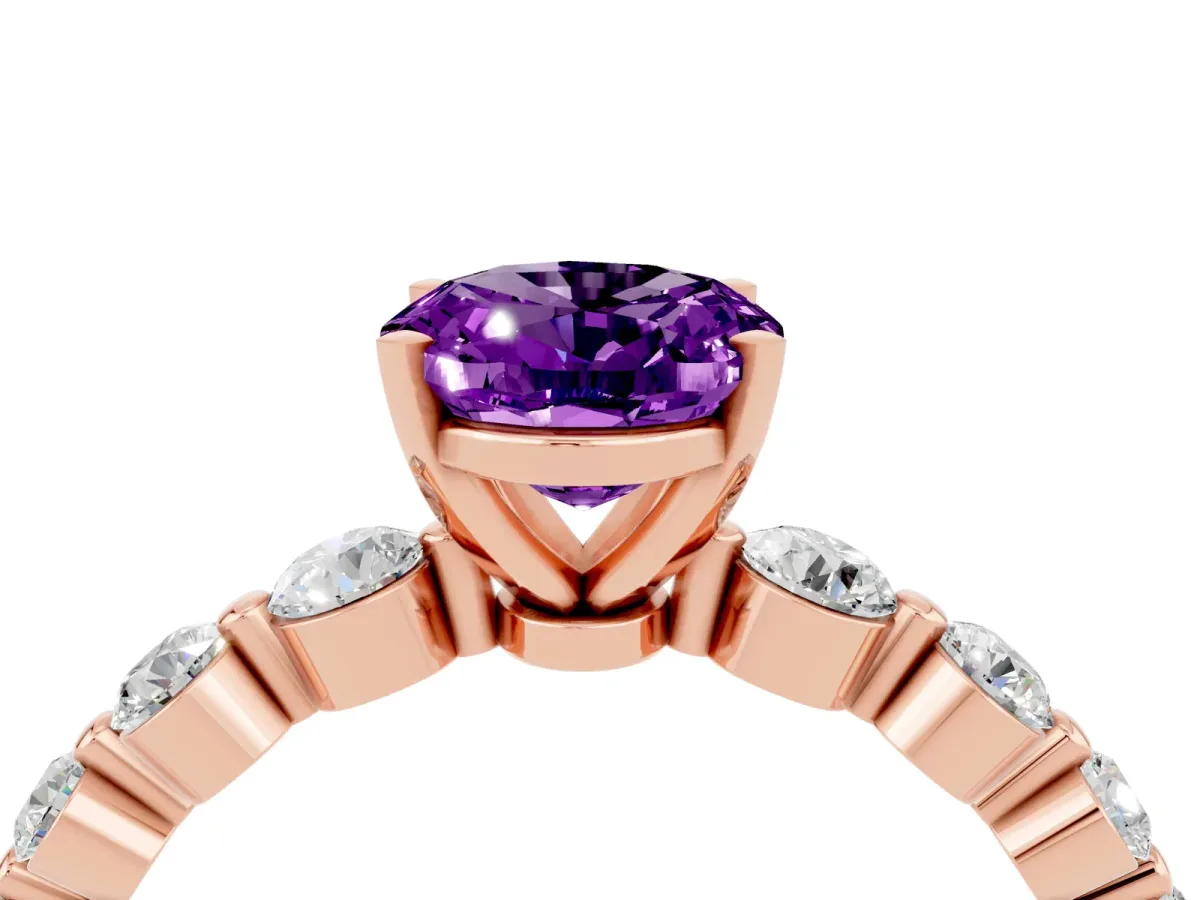 Oval Cut Solitaire Amethyst Ring with Pave Band and Four-Prong Setting Rose gold