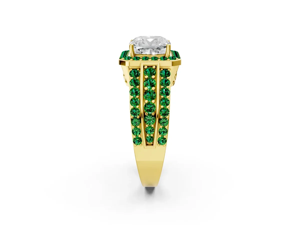 Cushion Cut Halo Diamond Ring with Round Emerald Split Shank and Prong Setting Yellow gold