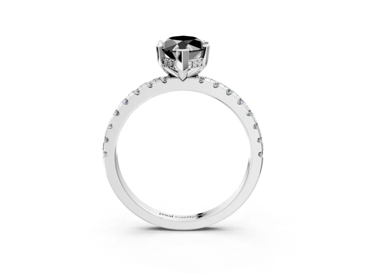 Fancy Black Marquise Cut Diamond Solitaire Ring with Round Pavé Band and Four-Prong Setting Silver