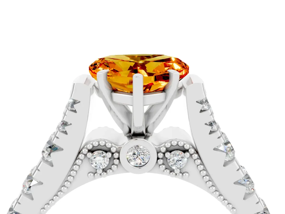 Heart Cut Citrine Classic Solitaire Ring with Pavé Band and Four-Prong Setting Silver