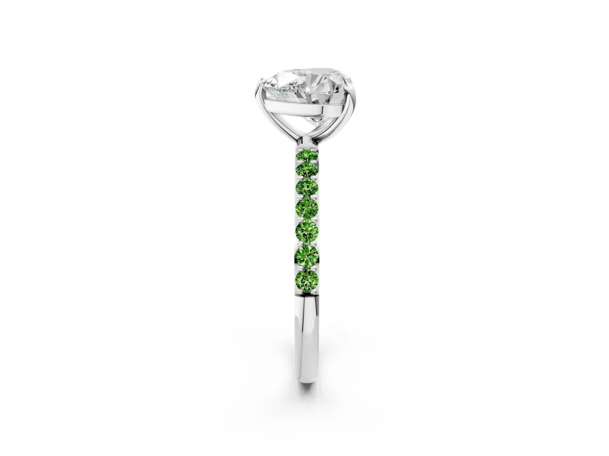 Heart Cut Diamond Solitaire Ring with Round Peridot Pavé Band and Prong Setting Silver