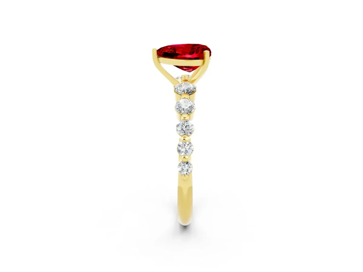Heart Cut Solitaire Ruby Ring with Pave Band and Four-Prong Setting Yellow gold
