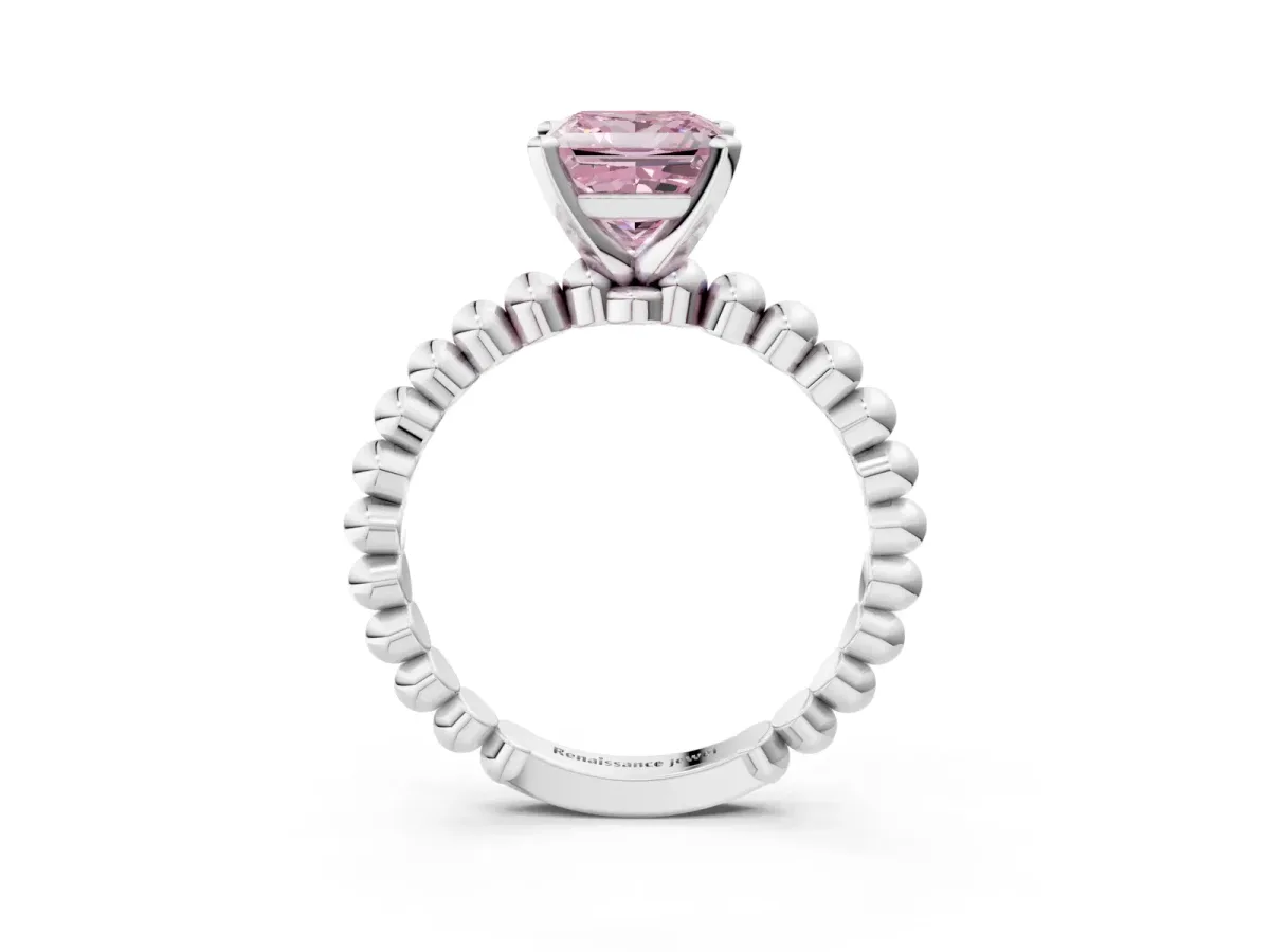 Fancy Pink Princess Cut Diamond Solitaire Ring with Beaded Band and Prong Setting Platinum