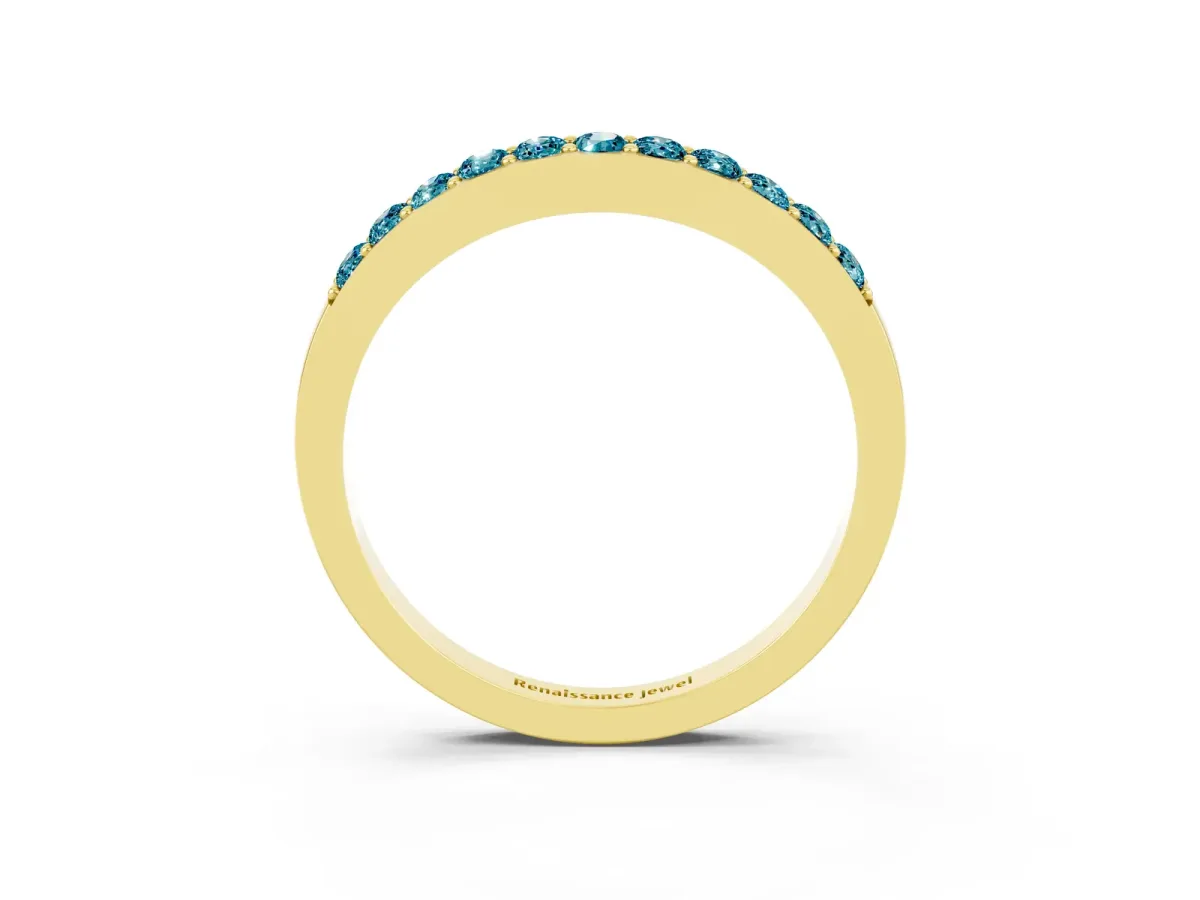 Round Blue Topaz Curved Wedding Band with Channel Setting Yellow gold