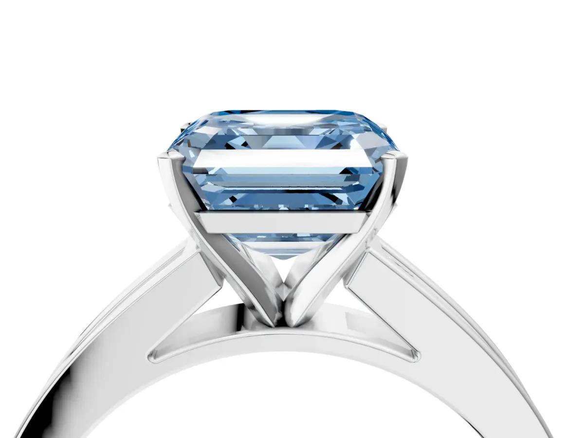 Fancy Blue Asscher Cut Solitaire Diamond Ring with Channel-Set Band and Four-Prong Setting Platinum