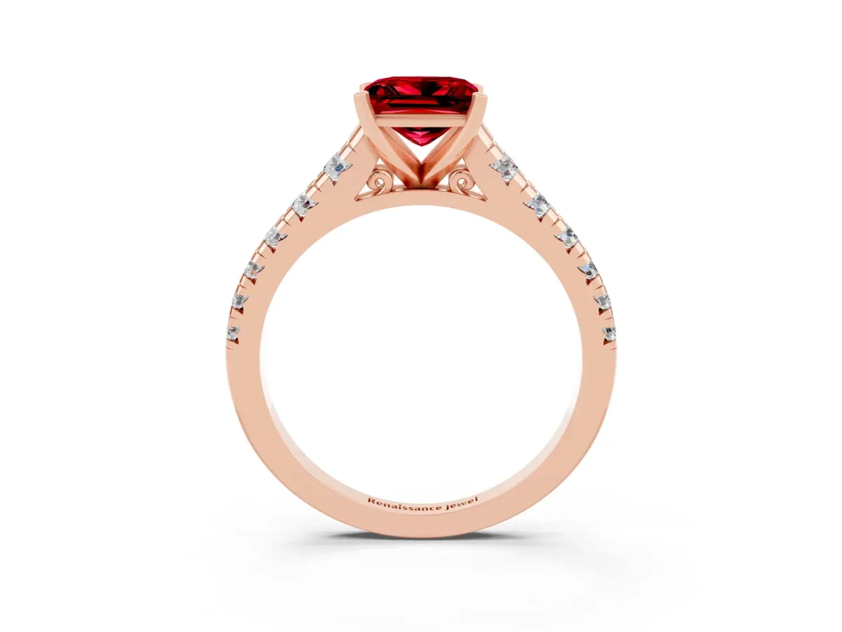 Princess Cut Ruby Cathedral Solitaire Ring with Round Pavé Band Rose gold