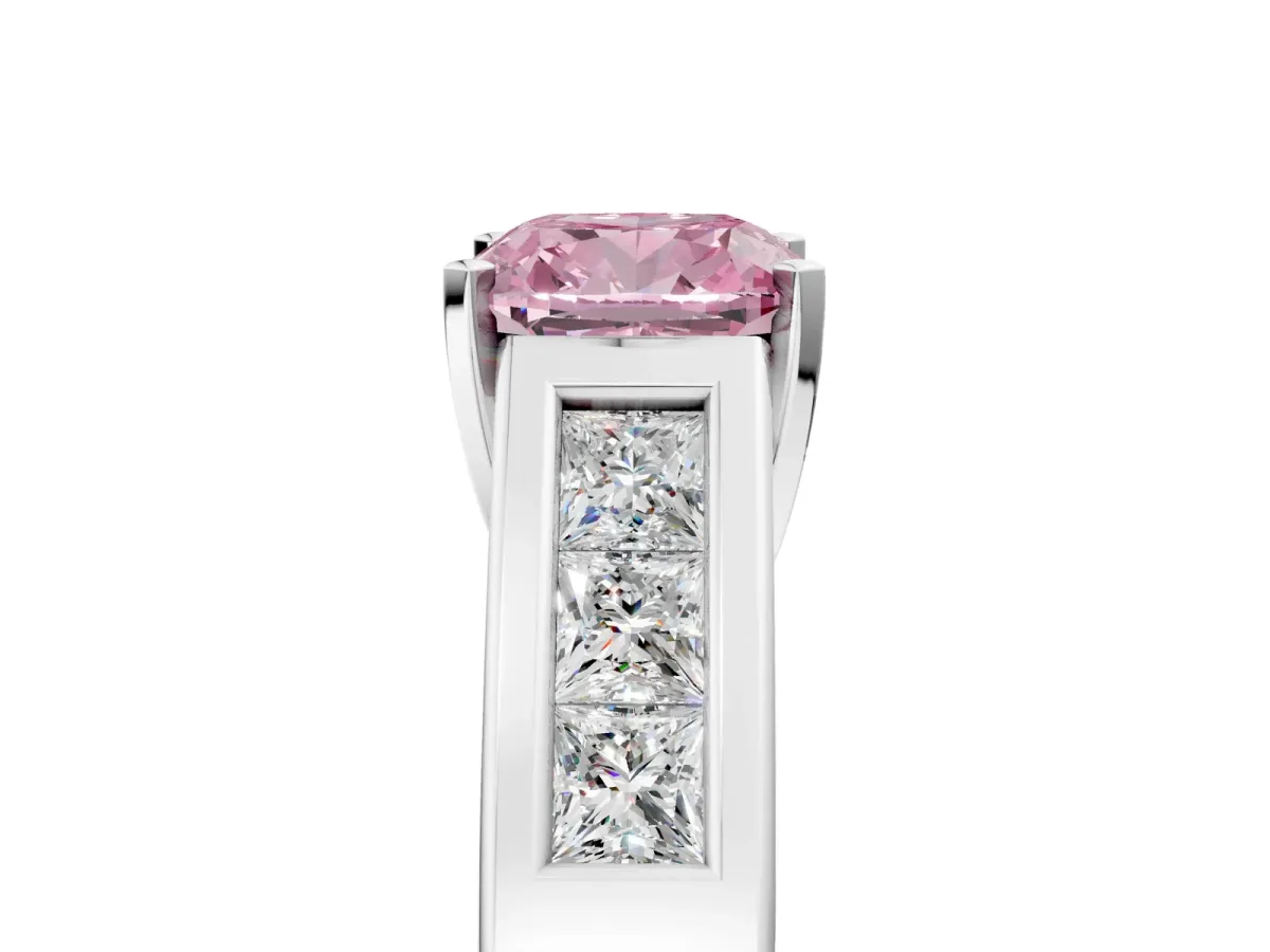 Fancy Pink Cushion Cut Cut Channel Set Solitaire Ring with Four-Prong Setting White gold