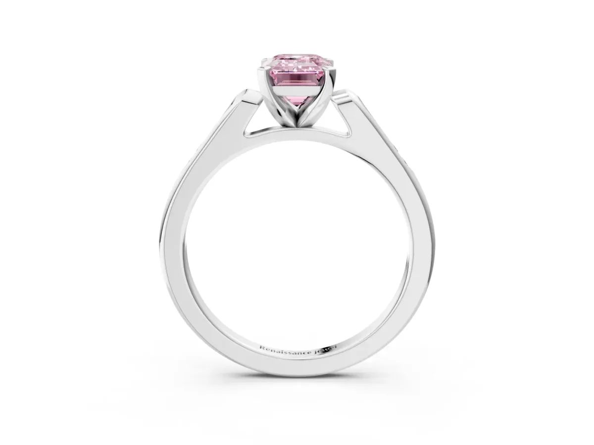 Fancy Pink Emerald Cut Diamond Solitaire Ring with Channel Set Round Band and Prong Setting Silver