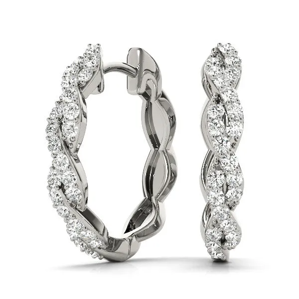 Pave Round Diamond Twisted Hoop Earrings with Shared Prong Setting Silver