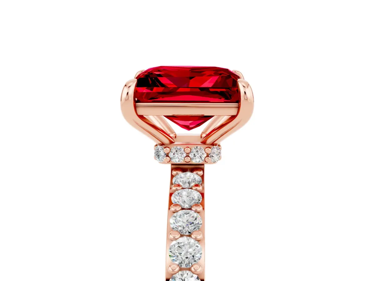 Princess Cut Ruby Solitaire Engagement Ring with Pavé Band and Four-Prong Setting Rose gold