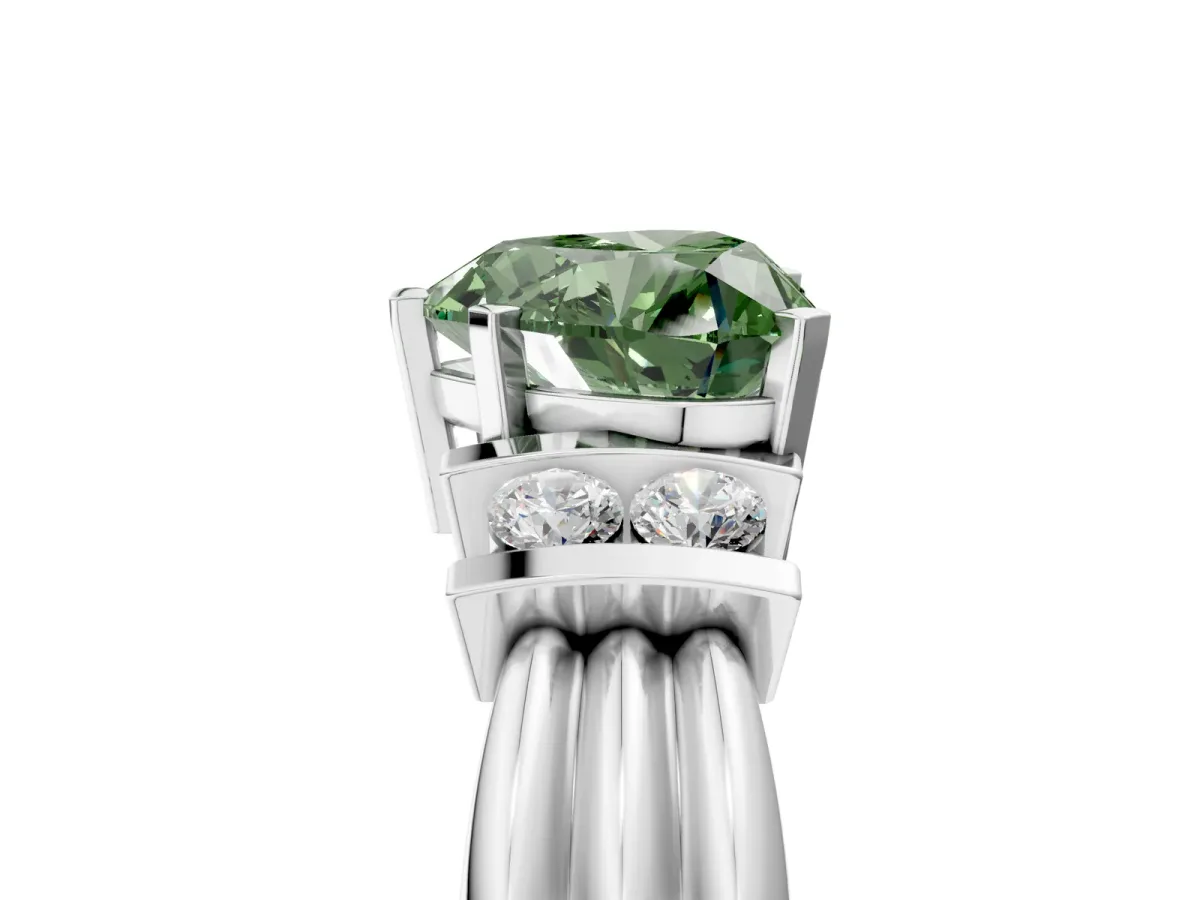 Fancy Green Heart Cut Cut Three-Stone Channel Set Ring with Bar Prongs Platinum