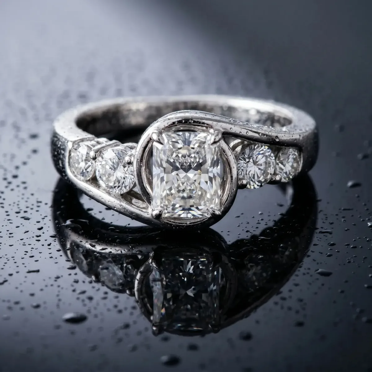 Bezel Set Radiant Cut Diamond Bypass Ring with Round Accents Silver
