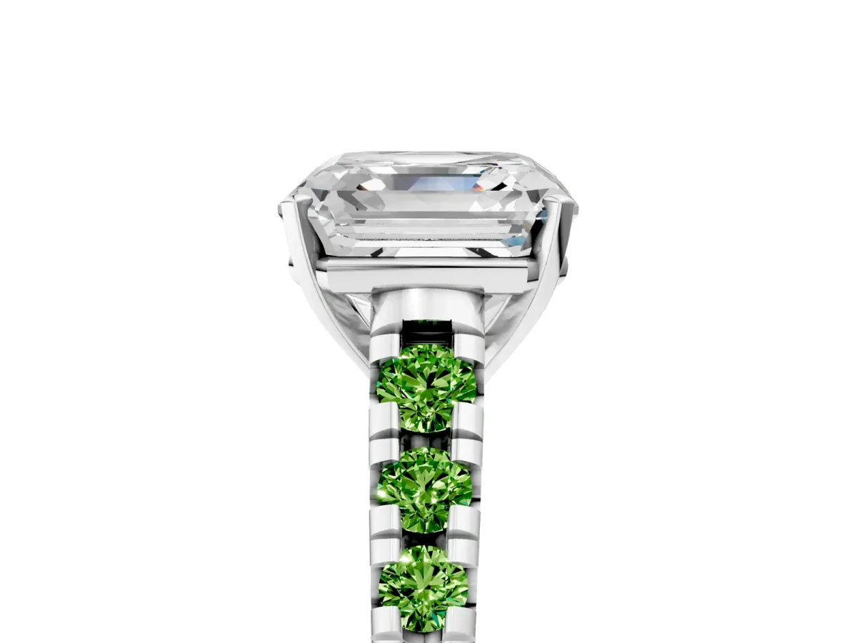 Asscher Cut Diamond Cathedral Solitaire Ring with Round Peridot Pavé Band Silver
