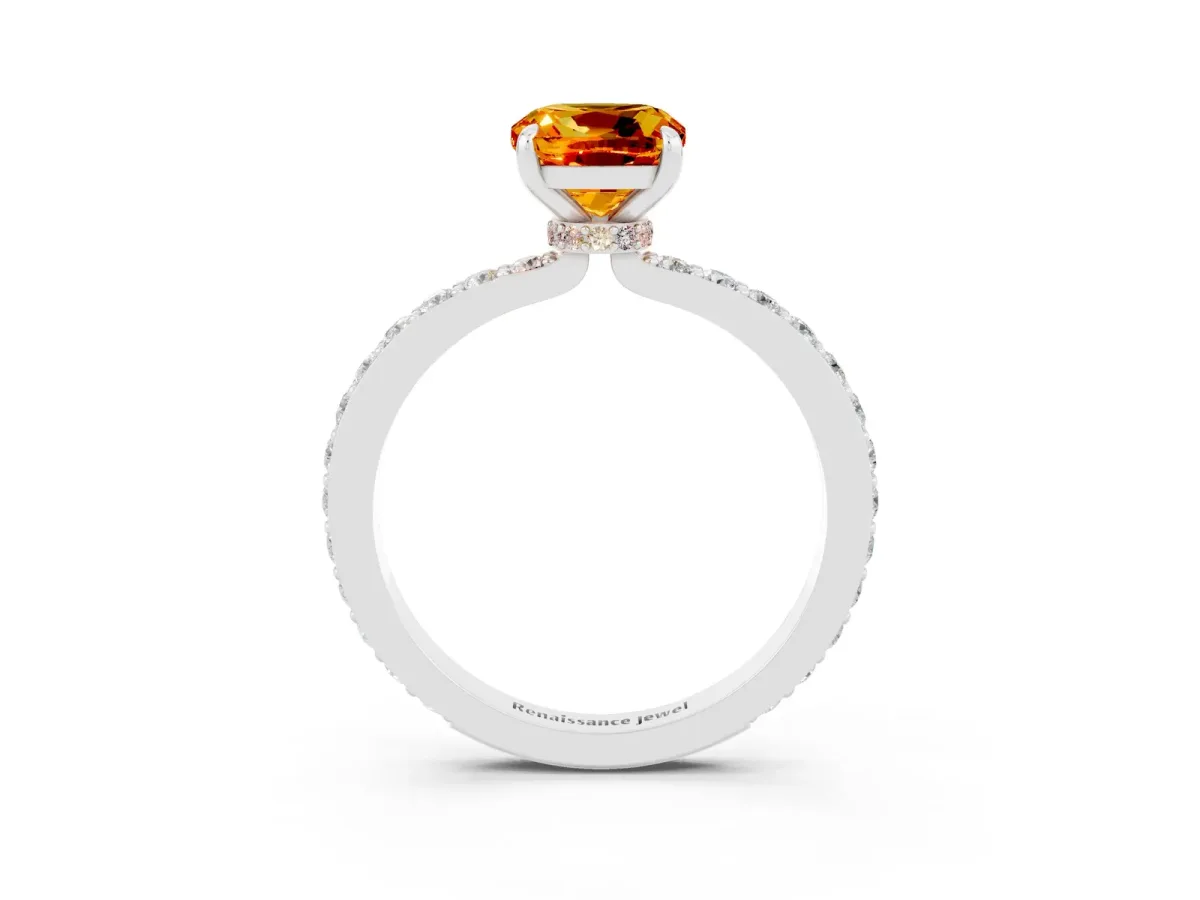 Cushion Cut Citrine Solitaire Engagement Ring with Pavé Band and Four-Prong Setting Silver