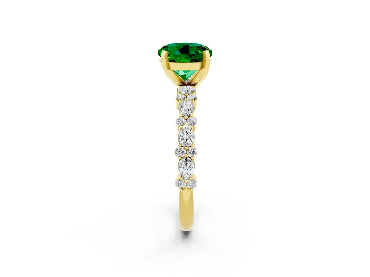Round Cut Emerald Side Stone Solitaire Ring with Round and Four-Prong Setting Yellow gold